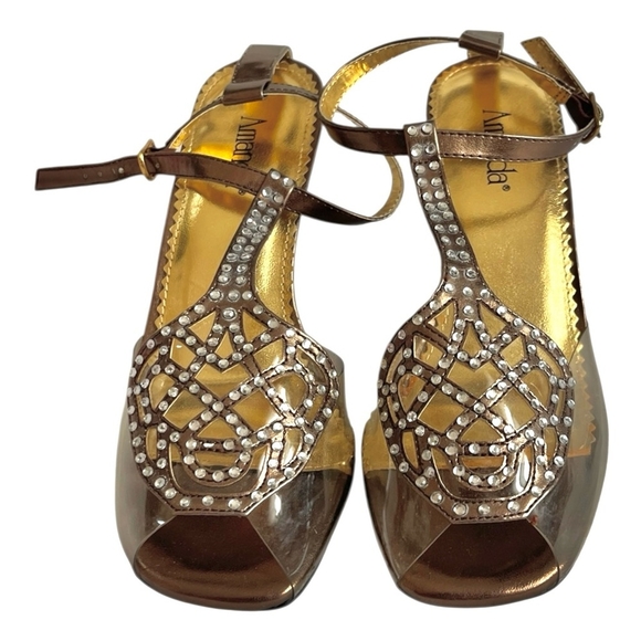 NIB AMANDA Martini Metallic Gold Women’s Shoes Clear Heels Rhinestone Sandals 36 - Picture 2 of 8